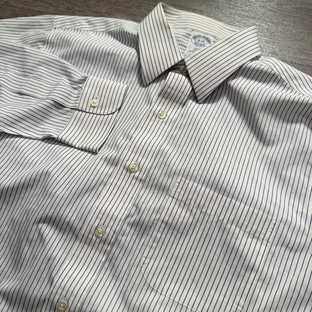 Brooks Brothers Dress Shirt Mens 16 34 Blue Stripe Cotton Slim Fit Non-Iron Work